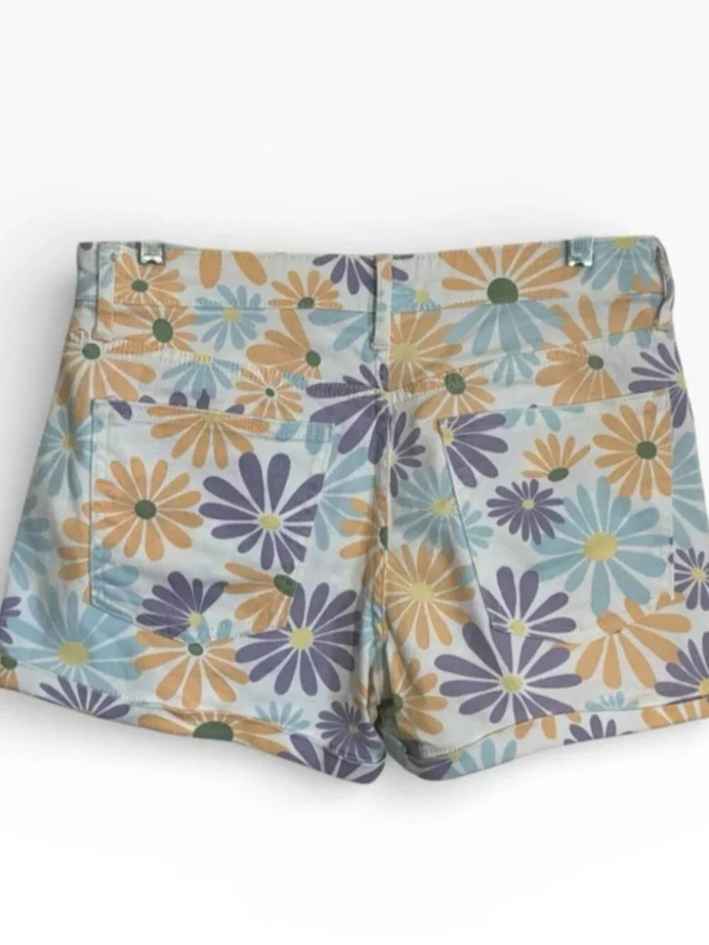 Floral Daisy Jean Shorts in Light Blue, Yellow & Purple